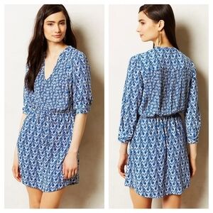 Anthropologie Maeve Women's Galen Blue‎ Geo Print Pleated Shirt Dress w Pockets